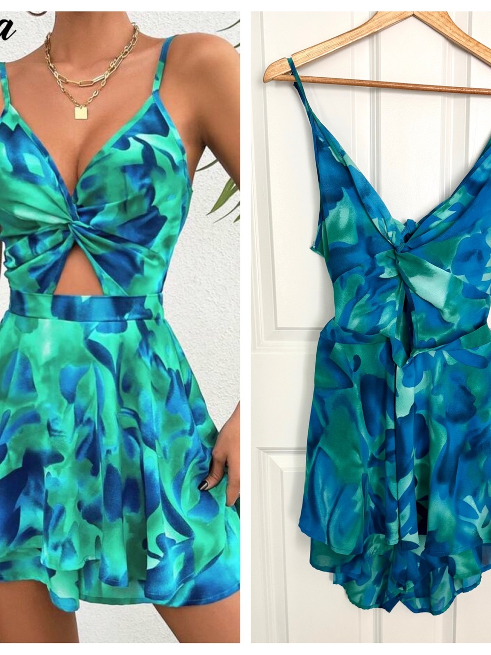 Blue Green Twist Front Tie Back Romper Size XL Adjustable Straps V Neck Cutout